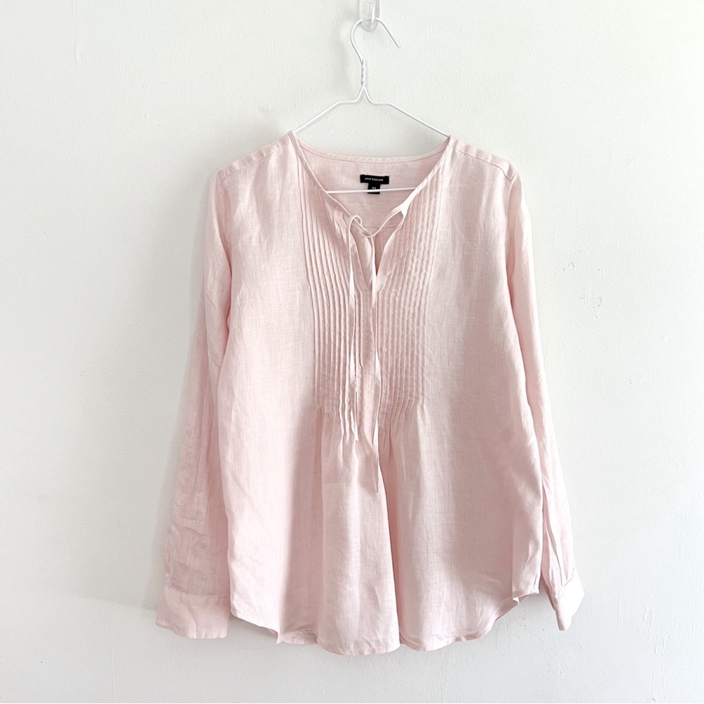 Ann Taylor Pleated Linen Long Sleeve Top in Light Pink Size XS